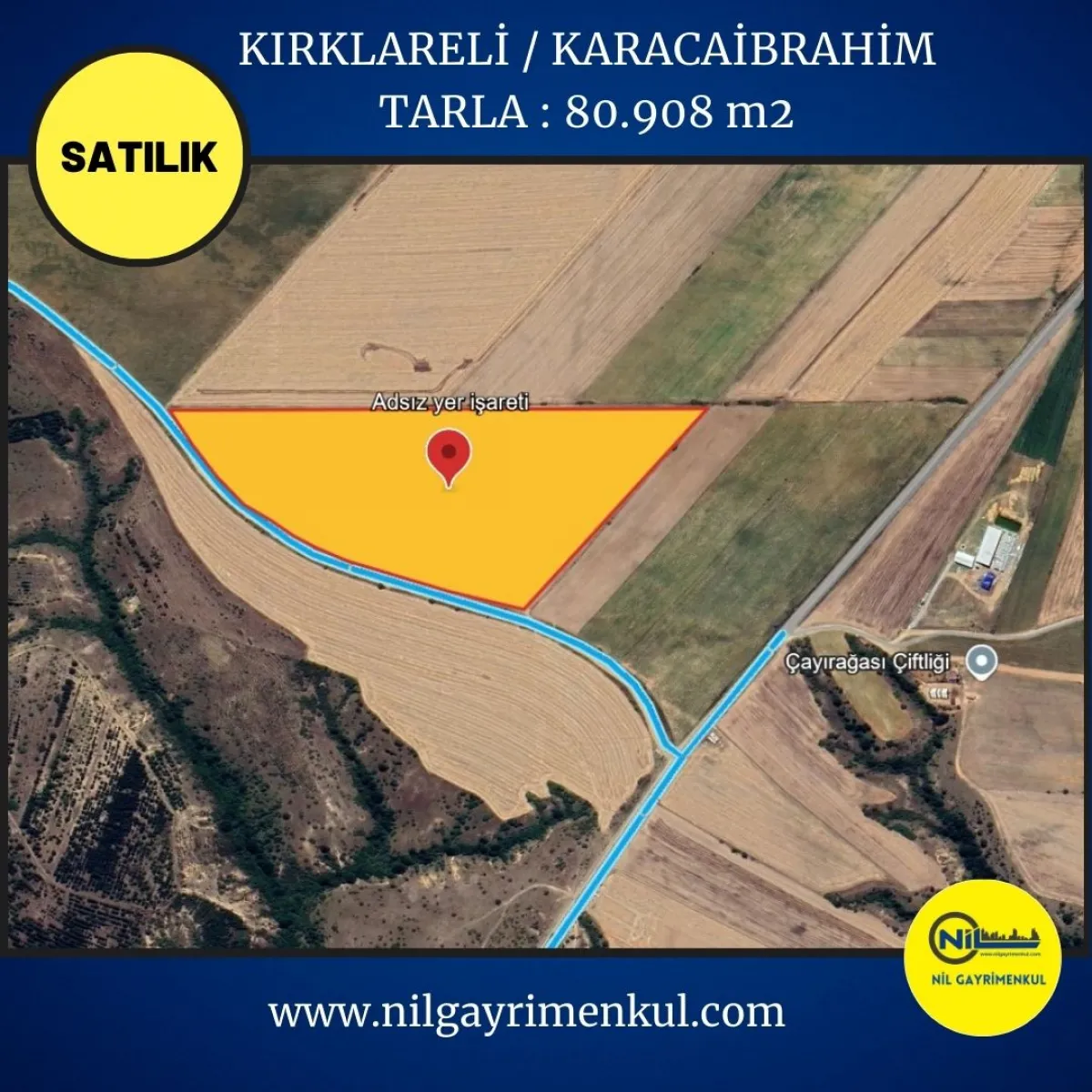 KIRKLARELİ MERKEZ KARACAİBRAHİM MAH 80.908 m2 SATILIK TARLA..