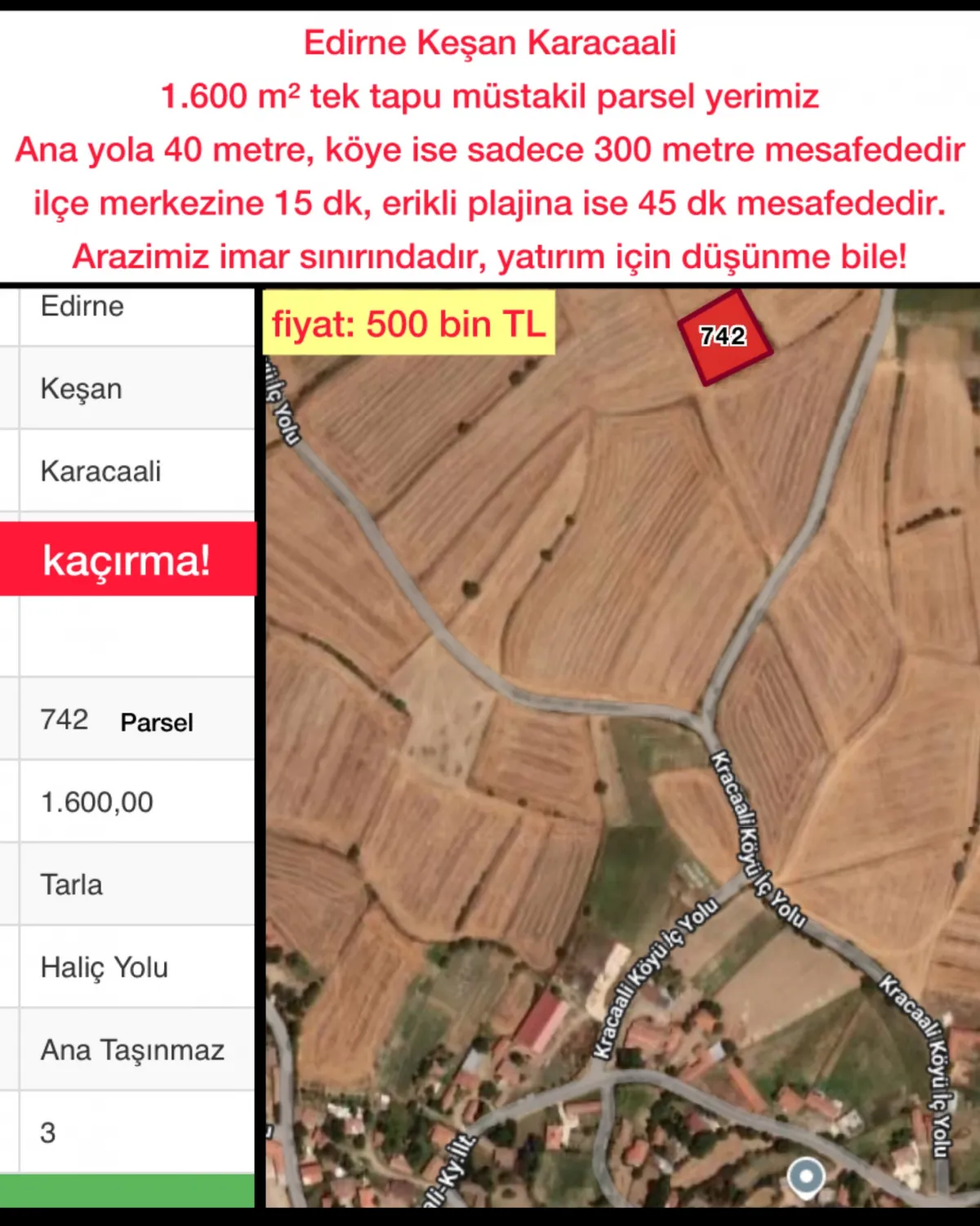 Edirne keşan karacaali 1.600 m² tek tapu köye yakın  imar sınırı - Büyük 1