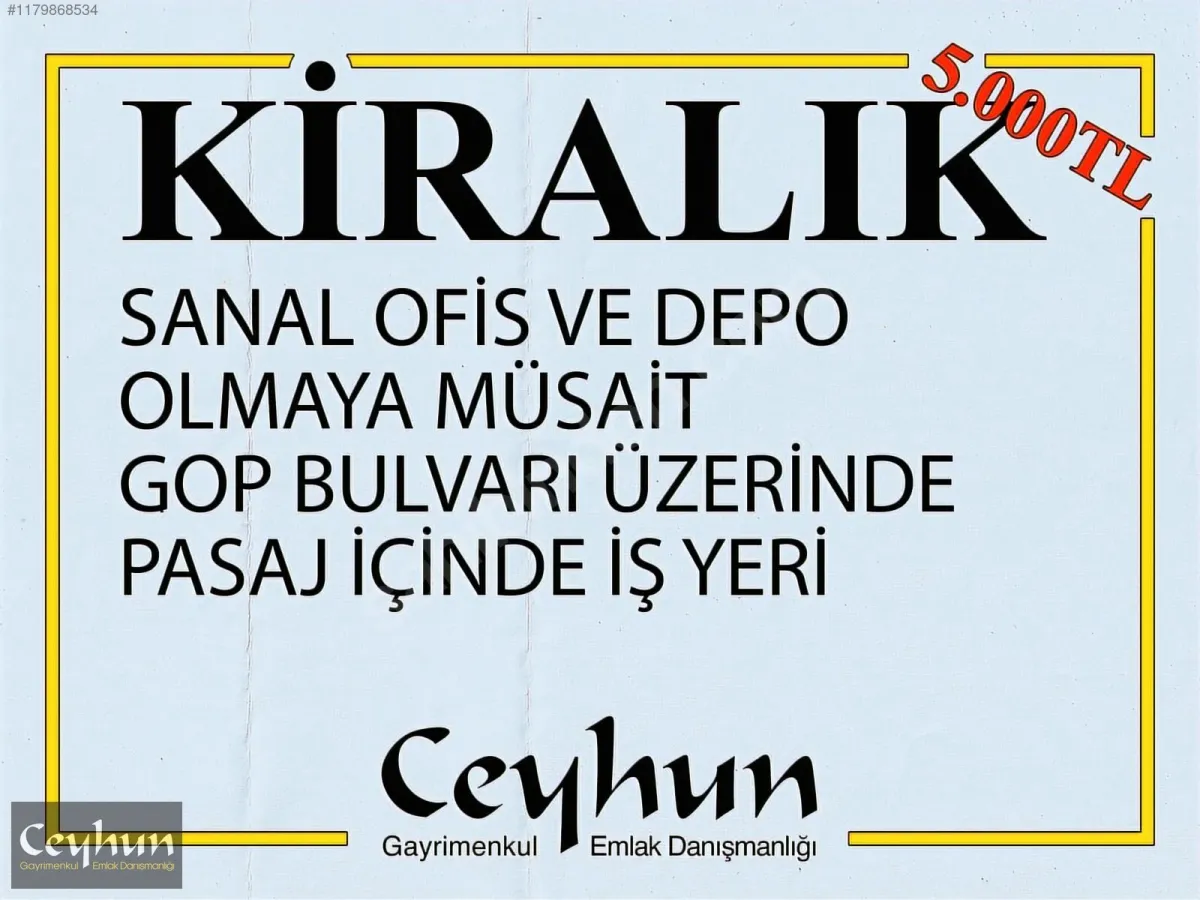 GOP BULVARI ÜZERİNDE ASKERİ GAZİNO KARŞISINDA KİRALIK 100M2 DEPO